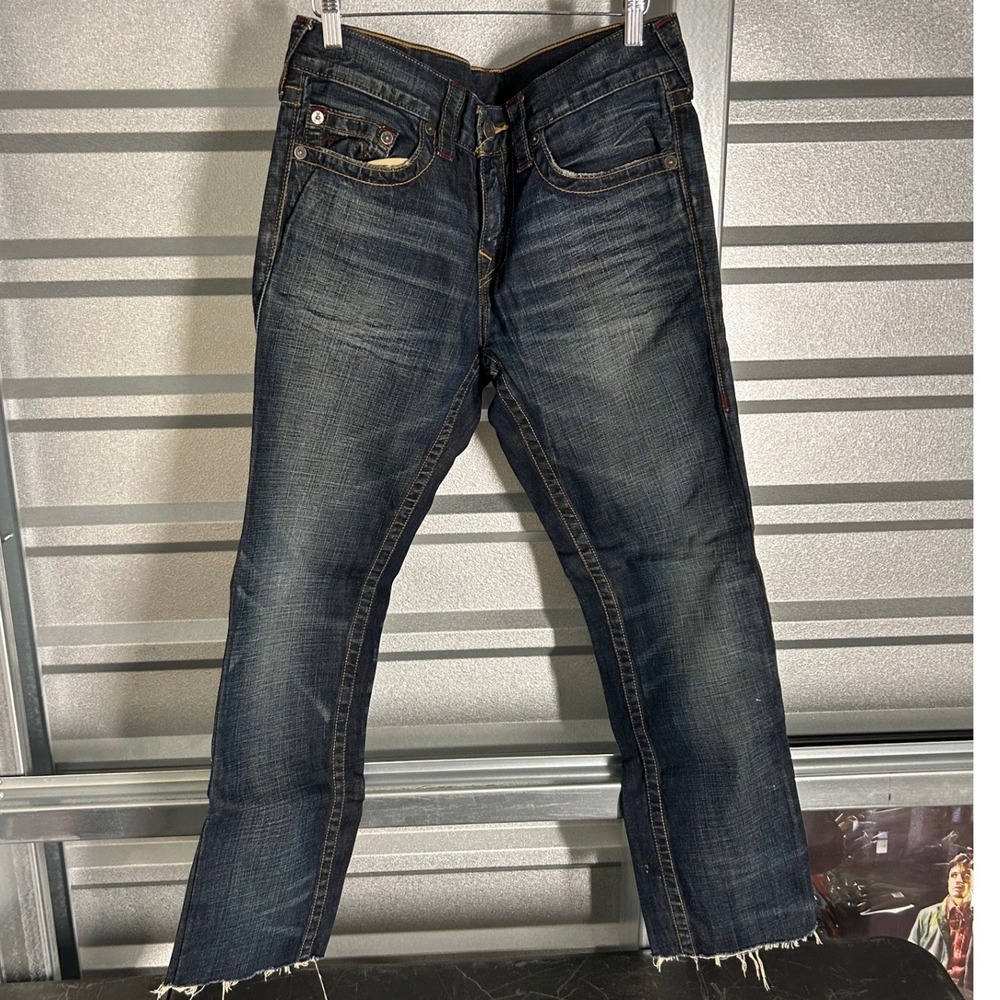 True Religion Geno Jeans Mens 30 Blue Relaxed Slim Dark Wash Raw Hem Streetwear